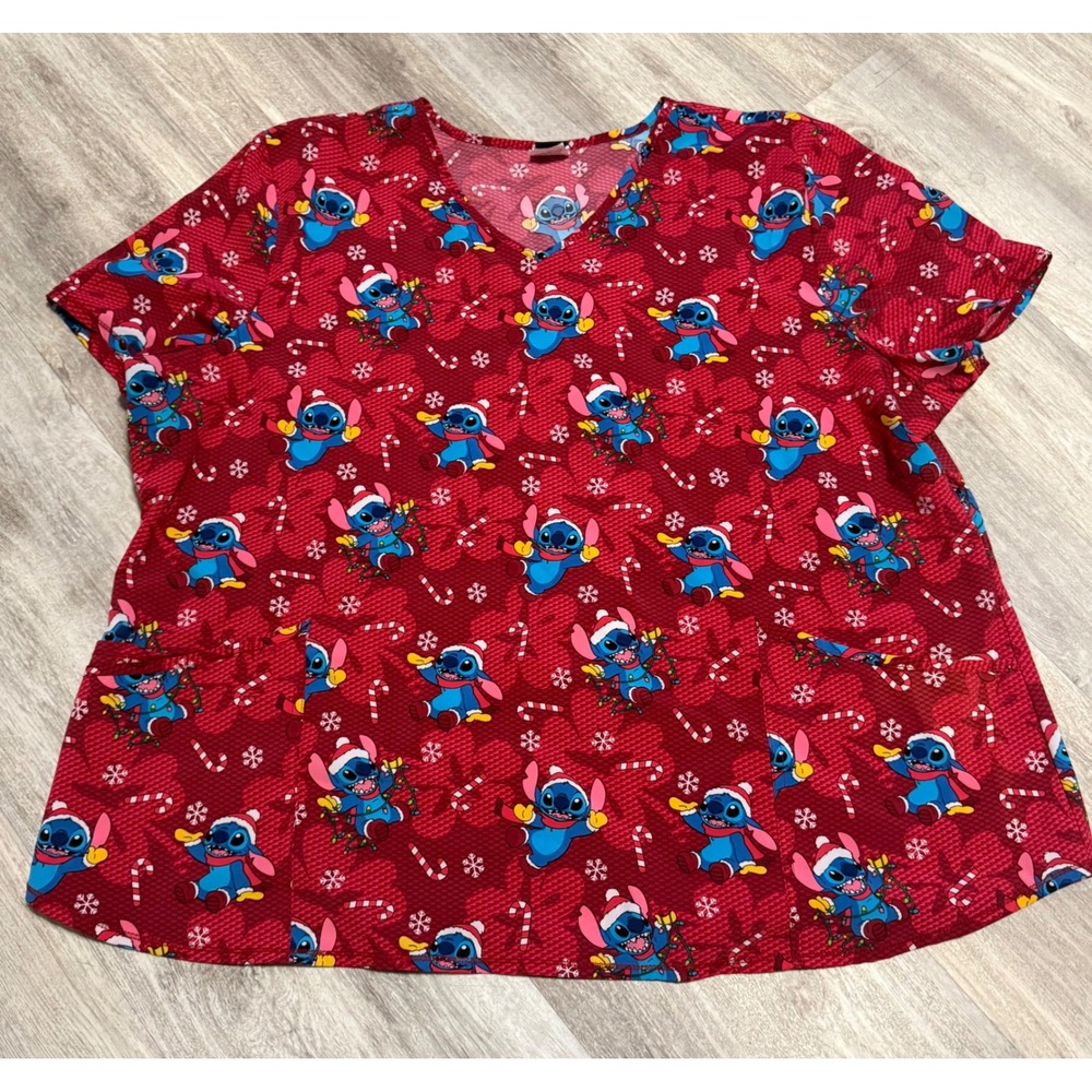 Disney Lilo & Stitch Christmas Scrub Top Red Holiday V-Neck Plus Size 3XL WM745